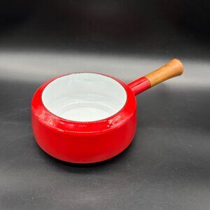 Vintage Fondue Pot Saucepan Dansk Kobenstyle Red Enamel Teak Wood No Lid